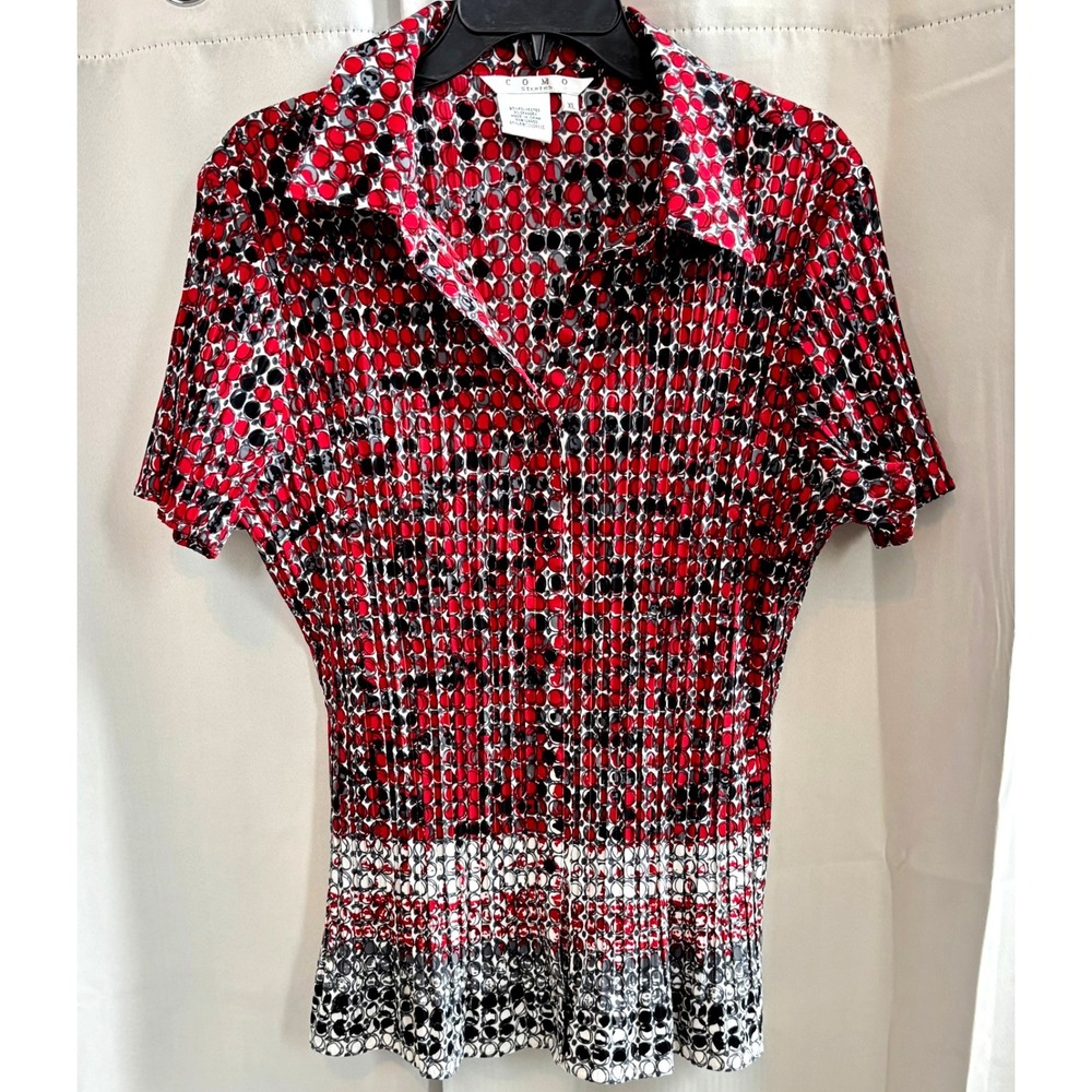 Como Stretch Womens XL Top Button‎ Up Red Geometric Polka Dot Pleated Boho 19816